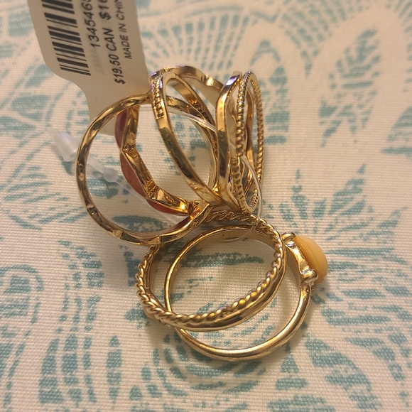 NWT GOLD-TONE & CORAL ENAMEL RING SET OF 8 - Picture 13 of 15